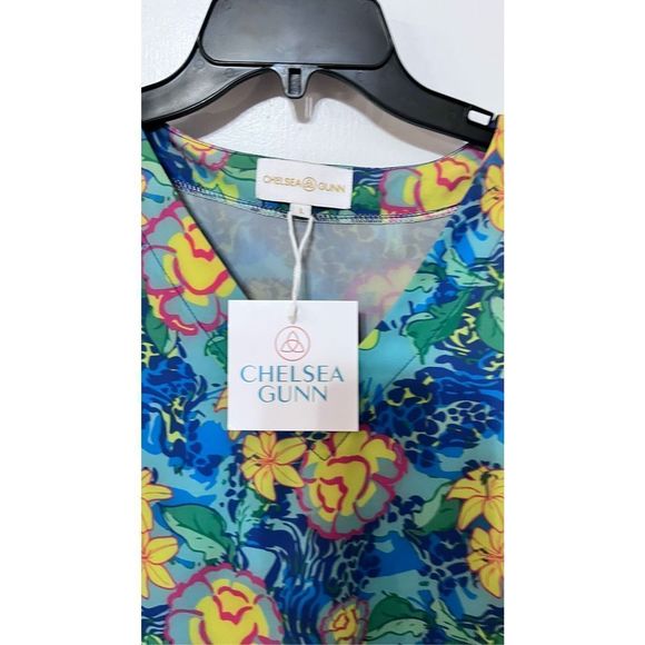 Chelsea Gunn Womens Tunic Blouse Short Sleeve Floral Blue Yellow Large - Picture 4 of 10